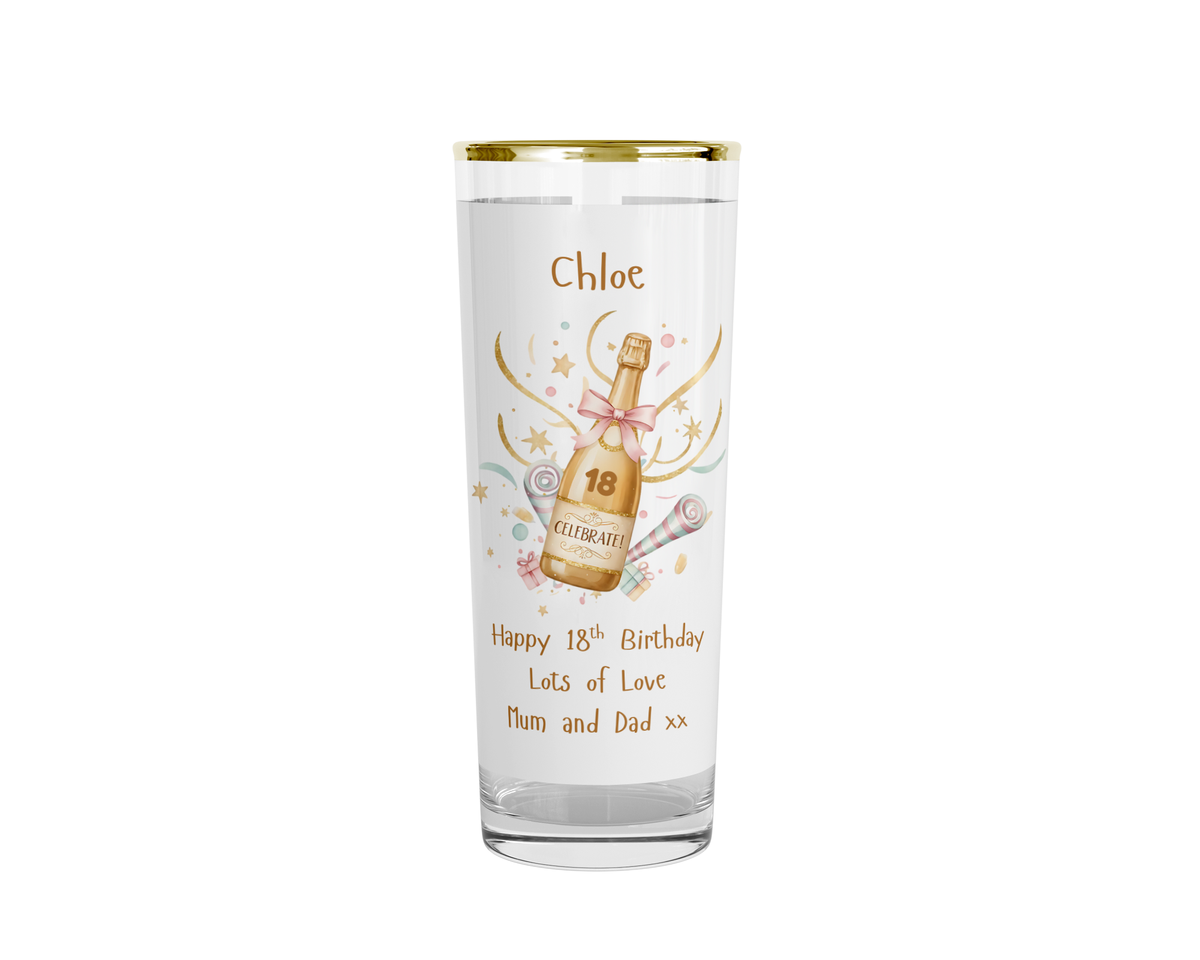 Personalised 18th Birthday Shot Glass (Gold Rimmed) - Celebrate Champagne Bottle