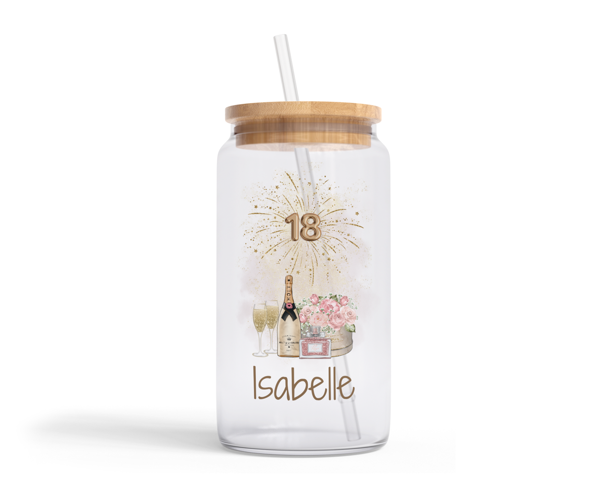 Personalised Clear Glass Tumbler with Lid & Straw - 18th Birthday Champagne Floral Design