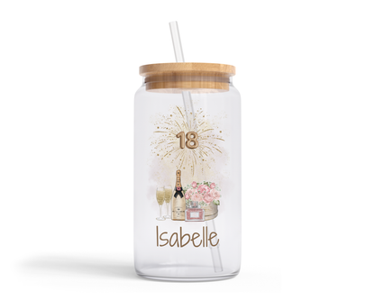 Personalised Clear Glass Tumbler with Lid & Straw - 18th Birthday Champagne Floral Design