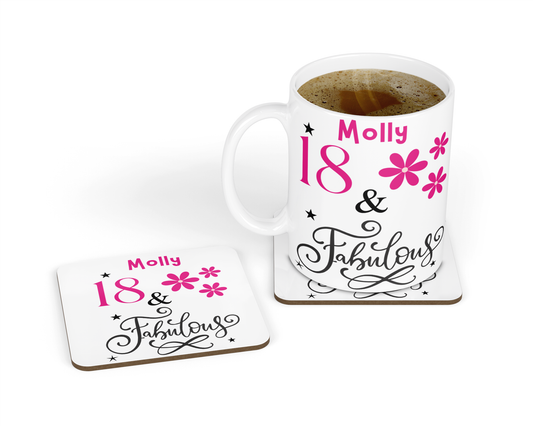 Personalised 18th Birthday Mug & Coaster - 18 & Fabulous Pink Flowers