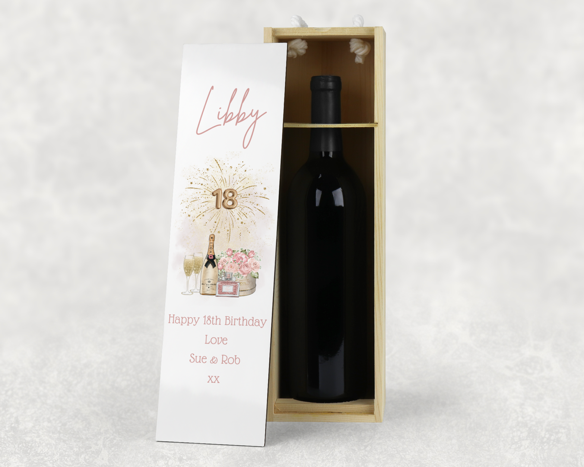 Personalised 18th Birthday Wooden Bottle Gift Box - Champagne & Floral