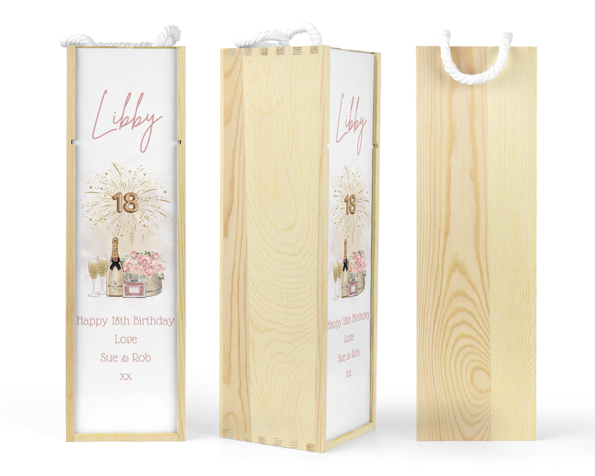 Personalised 18th Birthday Wooden Bottle Gift Box - Champagne & Floral