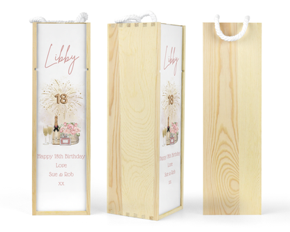 Personalised 18th Birthday Wooden Bottle Gift Box - Champagne & Floral