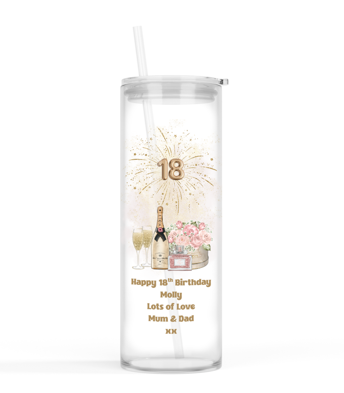 Personalised Tall Glass Tumbler - 18th Birthday Champagne Floral Design