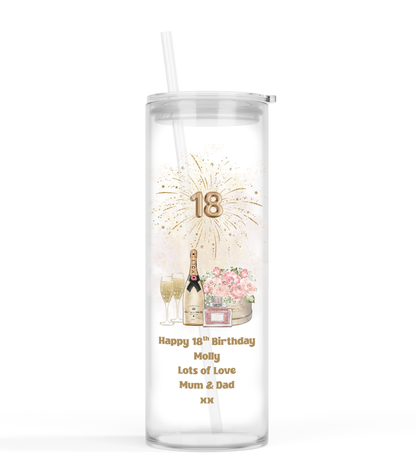Personalised Tall Glass Tumbler - 18th Birthday Champagne Floral Design