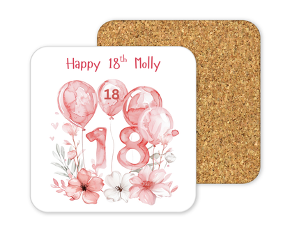Personalised Drinks Coaster - 18th Birthday Pink Balloons Design