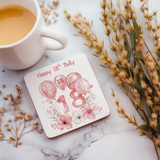 Personalised Drinks Coaster - 18th Birthday Pink Balloons Design
