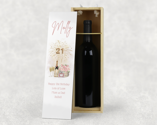 Personalised Wooden Wine Bottle Gift Box - 21st Birthday Champ Floral Design