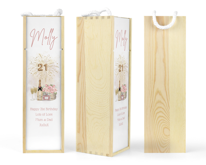 Personalised Wooden Wine Bottle Gift Box - 21st Birthday Champ Floral Design