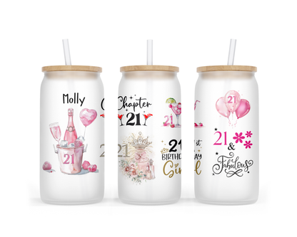 Personalised Frosted Glass Tumbler - 21st Birthday Pink Design