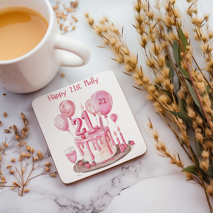 Personalised Drinks Coaster - 21st Birthday Pink Balloons Design