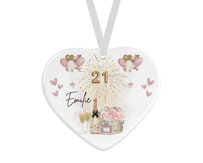Personalised Ceramic Heart - 21st Birthday Champagne Floral Design