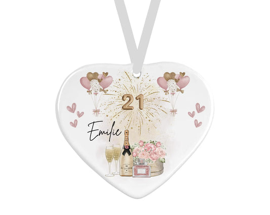 Personalised Ceramic Heart - 21st Birthday Champagne Floral Design