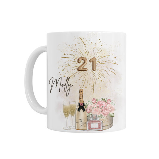 Personalised Ceramic Mug - 21st Birthday Champagne Floral Design