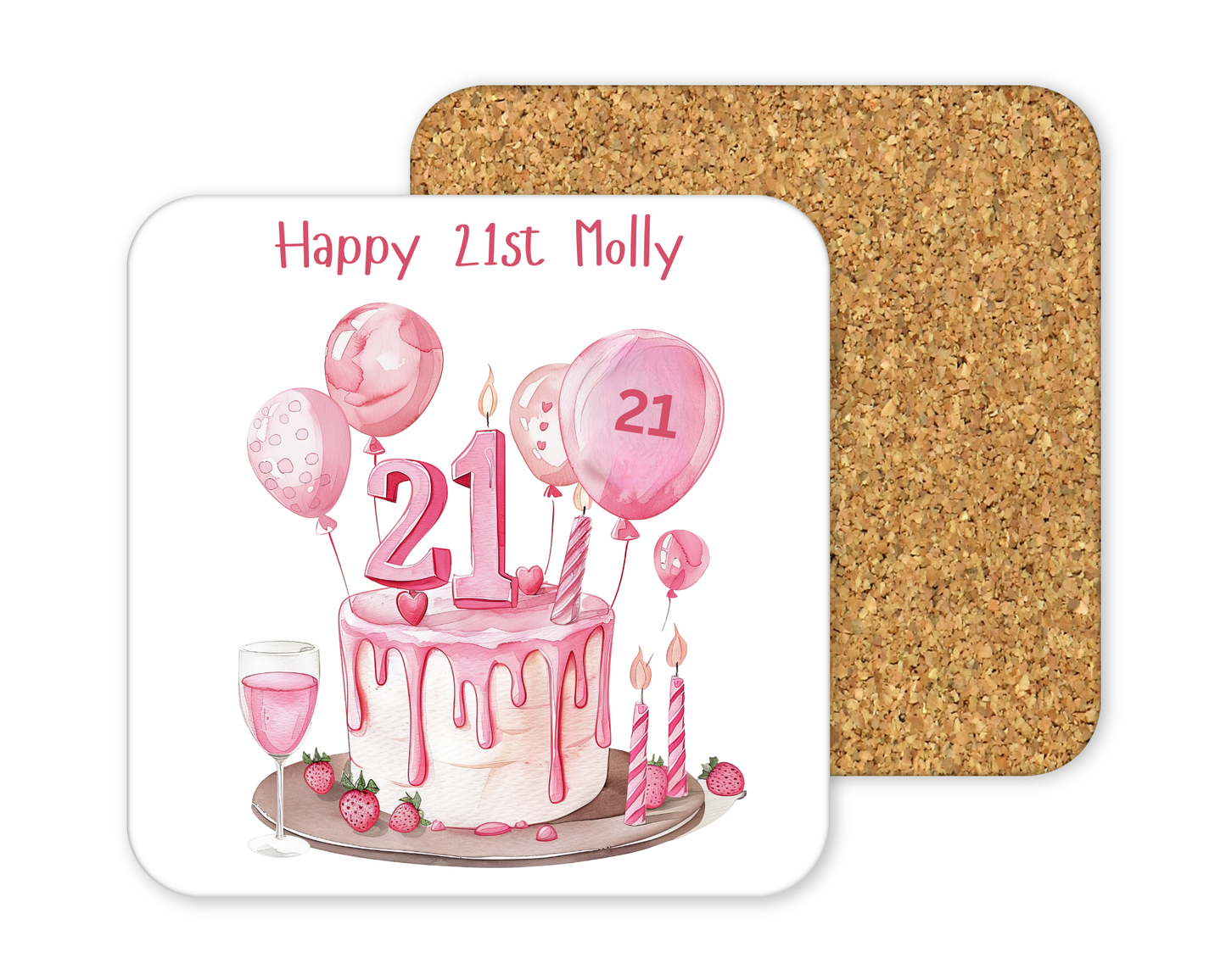 Personalised Drinks Coaster - 21st Birthday Pink Balloons Design