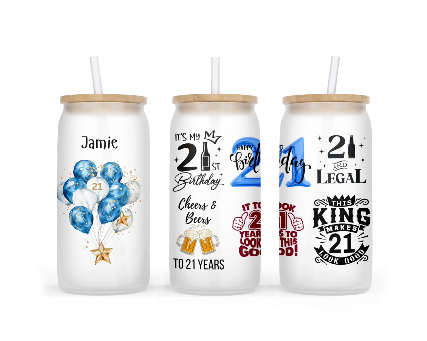 Personalised Frosted Glass Tumbler - 21st Birthday Blue Design