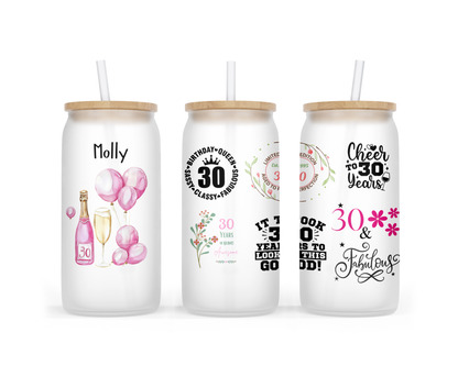 Personalised Frosted Glass Tumbler - 30th Birthday Pink Design