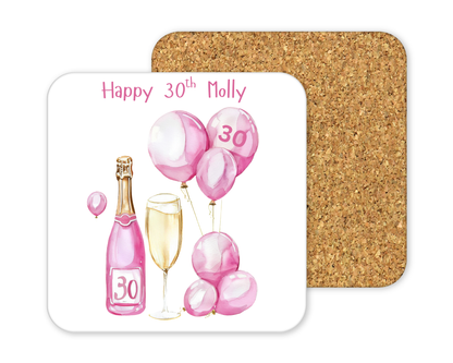 Personalised Drinks Coaster - 30th Birthday Pink Balloons Design