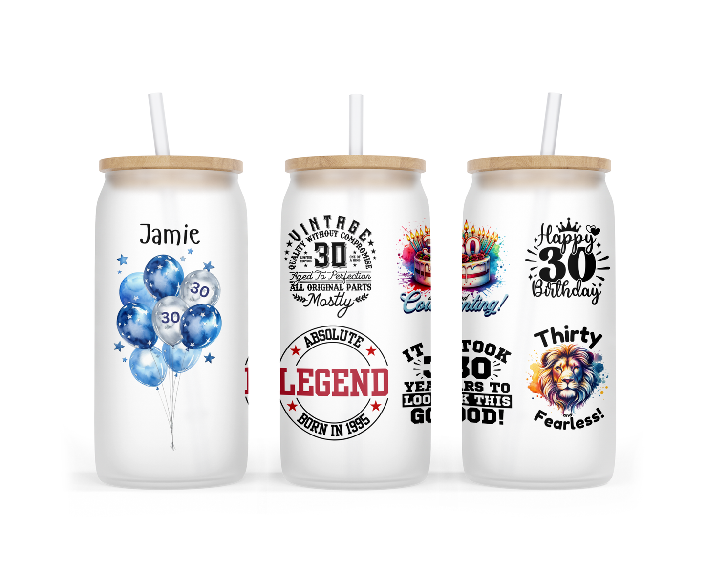 Personalised Frosted Glass Tumbler - 30th Birthday Blue Design