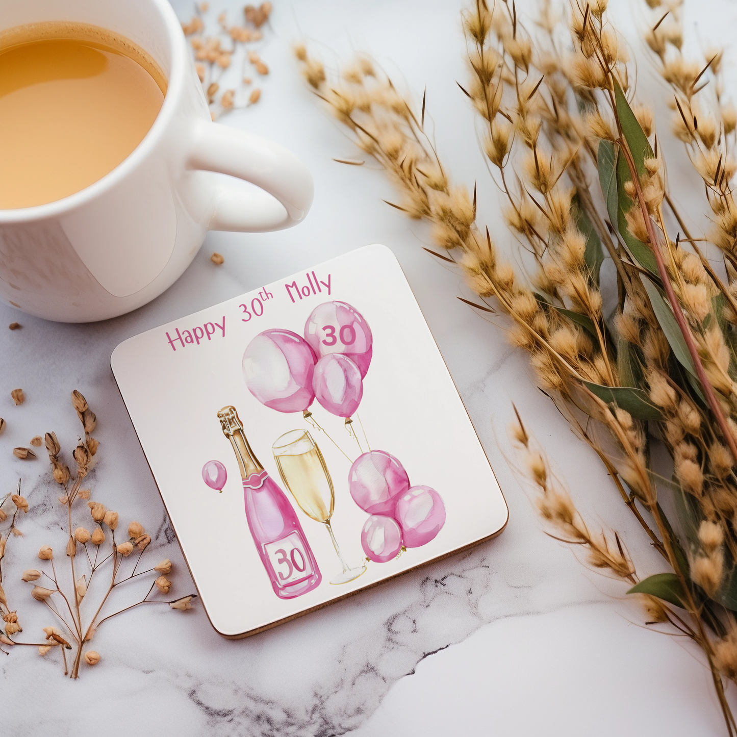 Personalised Drinks Coaster - 30th Birthday Pink Balloons Design