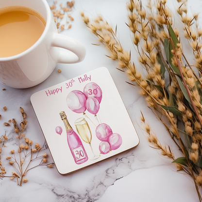 Personalised Drinks Coaster - 30th Birthday Pink Balloons Design