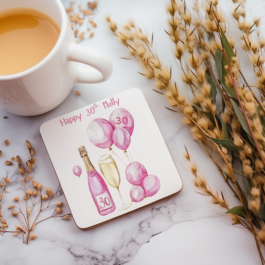 Personalised Drinks Coaster - 30th Birthday Pink Balloons Design