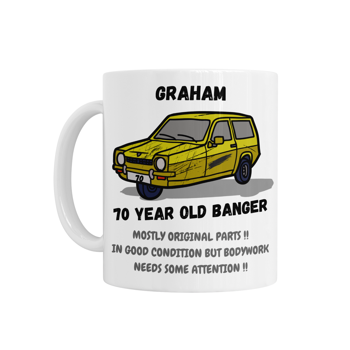 Personalised Ceramic Mug - 3 Wheeled Old Banger Birthday Design