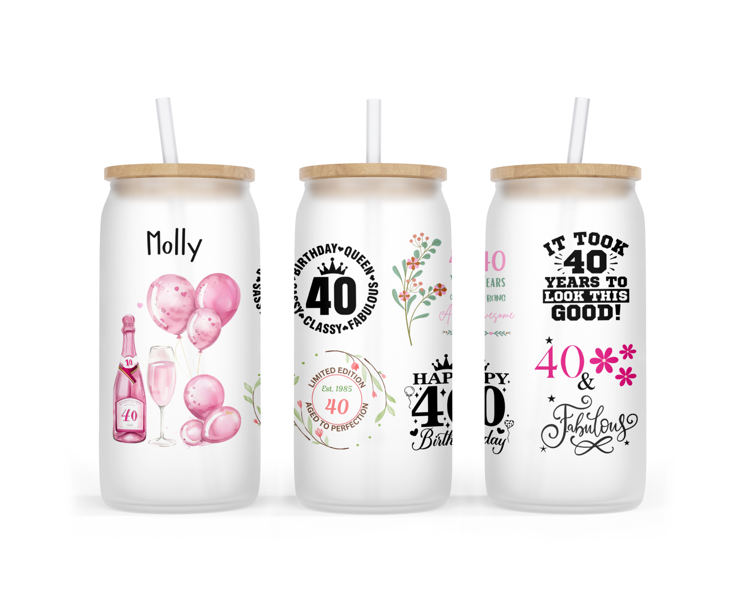 Personalised Frosted Glass Tumbler - 40th Birthday Pink Design
