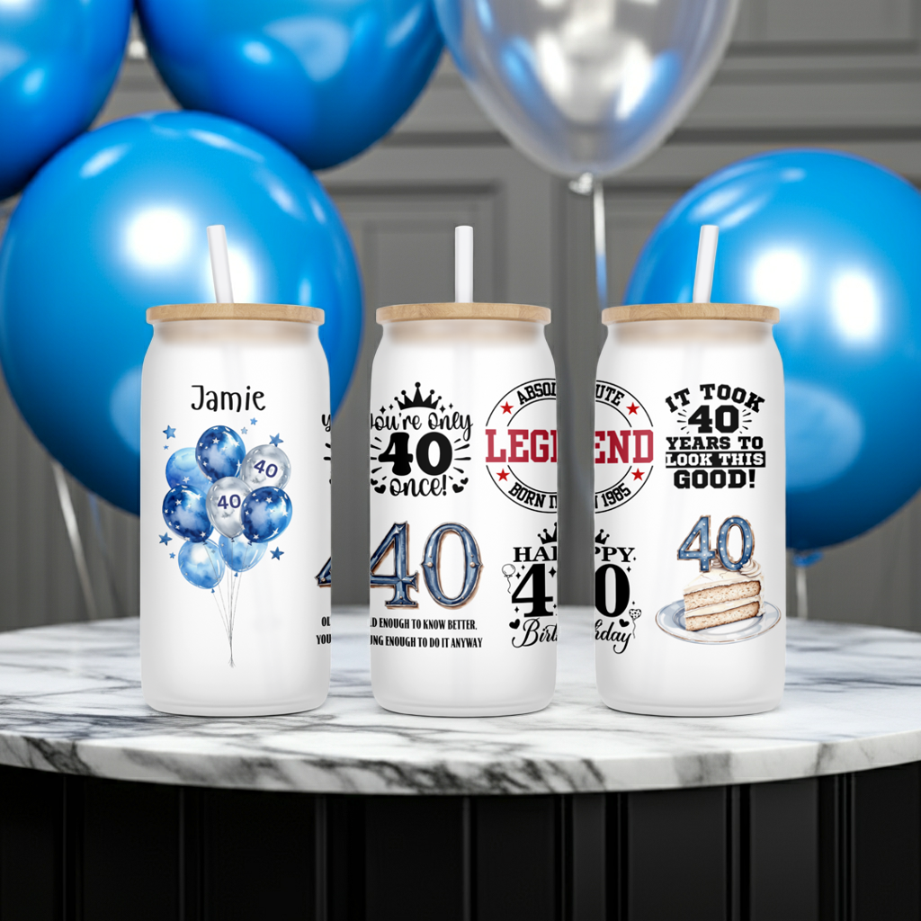 Personalised Frosted Glass Tumbler - 40th Birthday Blue Design
