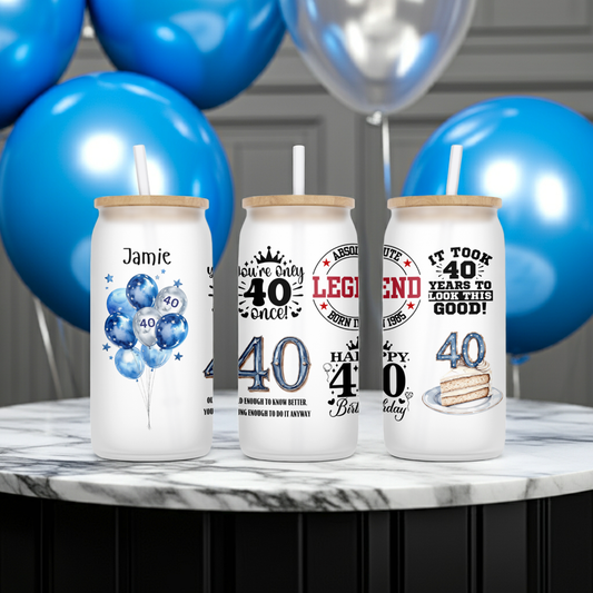 Personalised Frosted Glass Tumbler - 40th Birthday Blue Design
