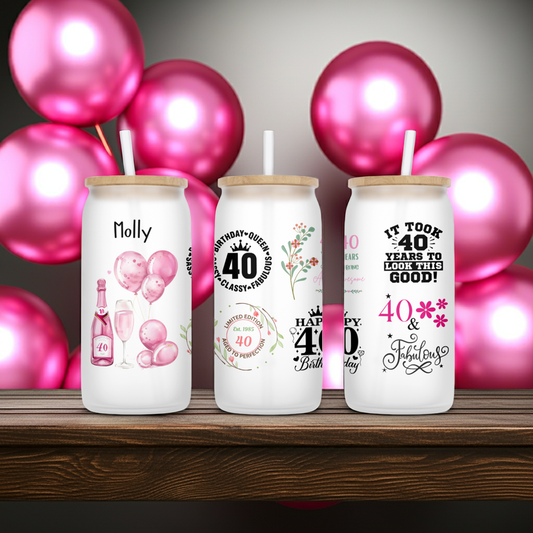 Personalised Frosted Glass Tumbler - 40th Birthday Pink Design