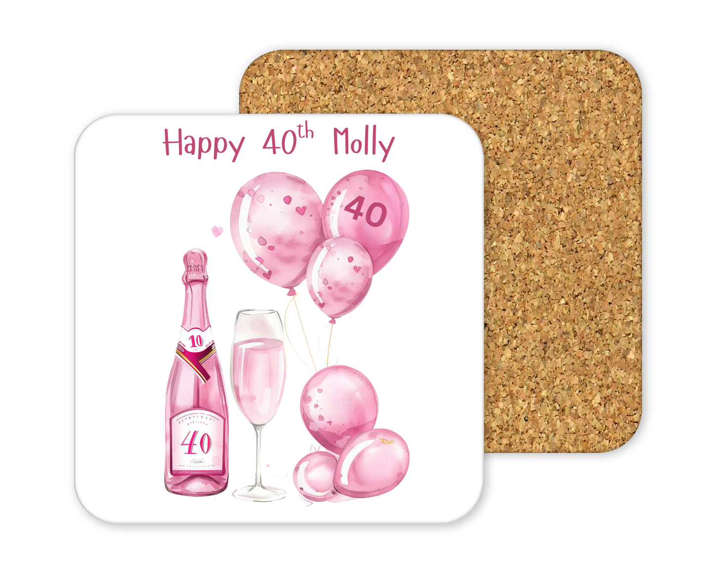Personalised Drinks Coaster - 40th Birthday Pink Balloons Design