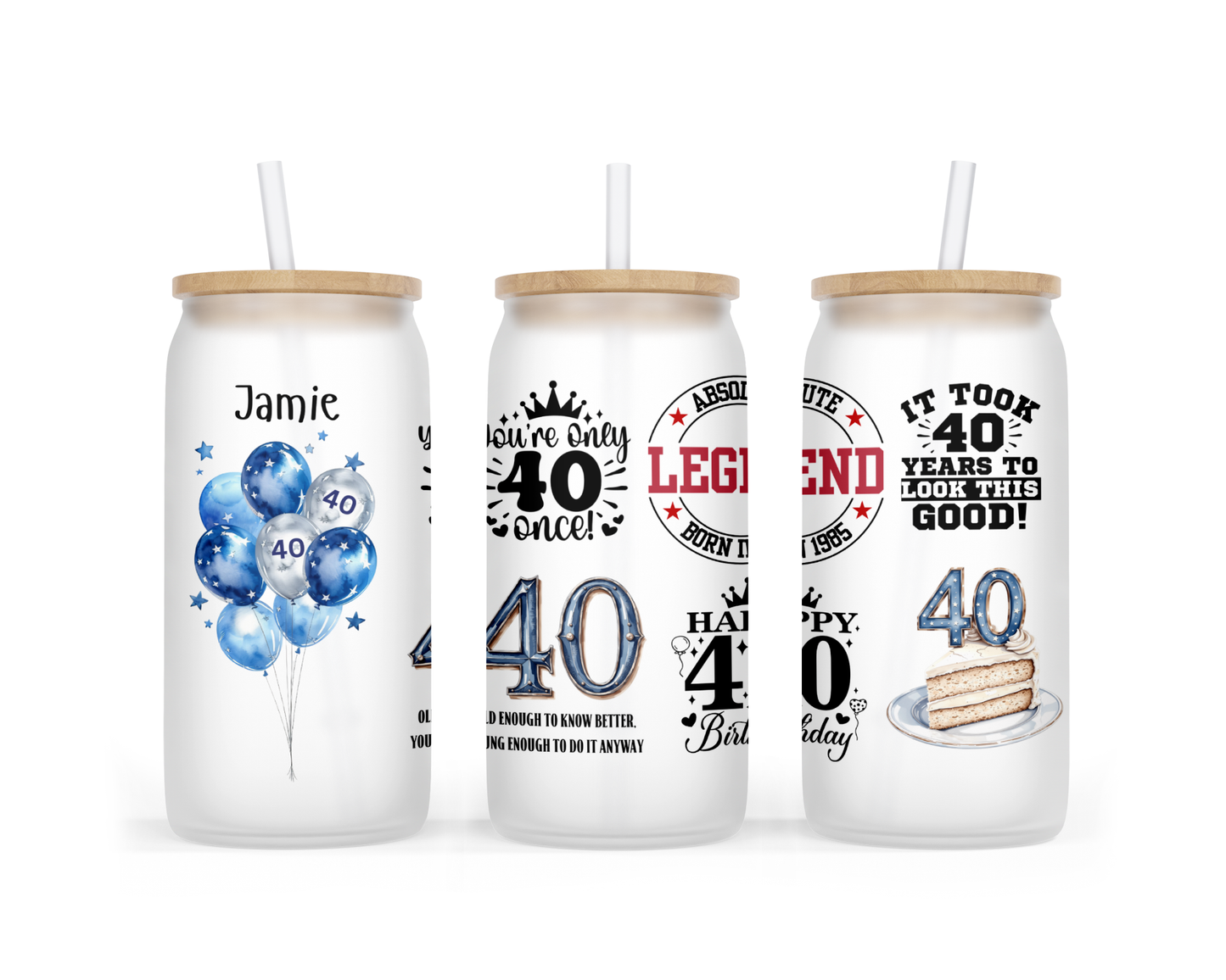 Personalised Frosted Glass Tumbler - 40th Birthday Blue Design