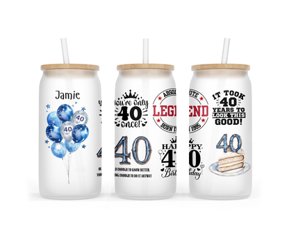 Personalised Frosted Glass Tumbler - 40th Birthday Blue Design