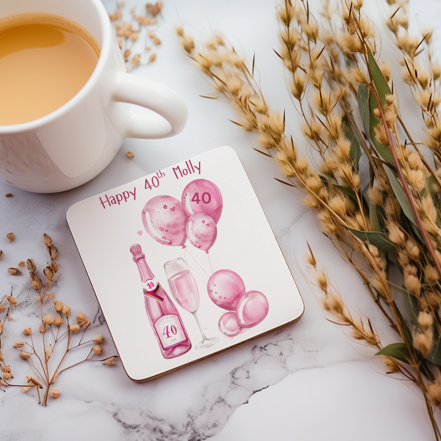 Personalised Drinks Coaster - 40th Birthday Pink Balloons Design