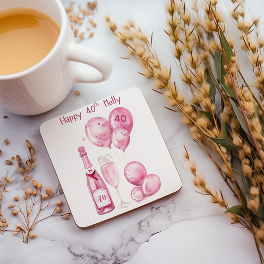 Personalised Drinks Coaster - 40th Birthday Pink Balloons Design