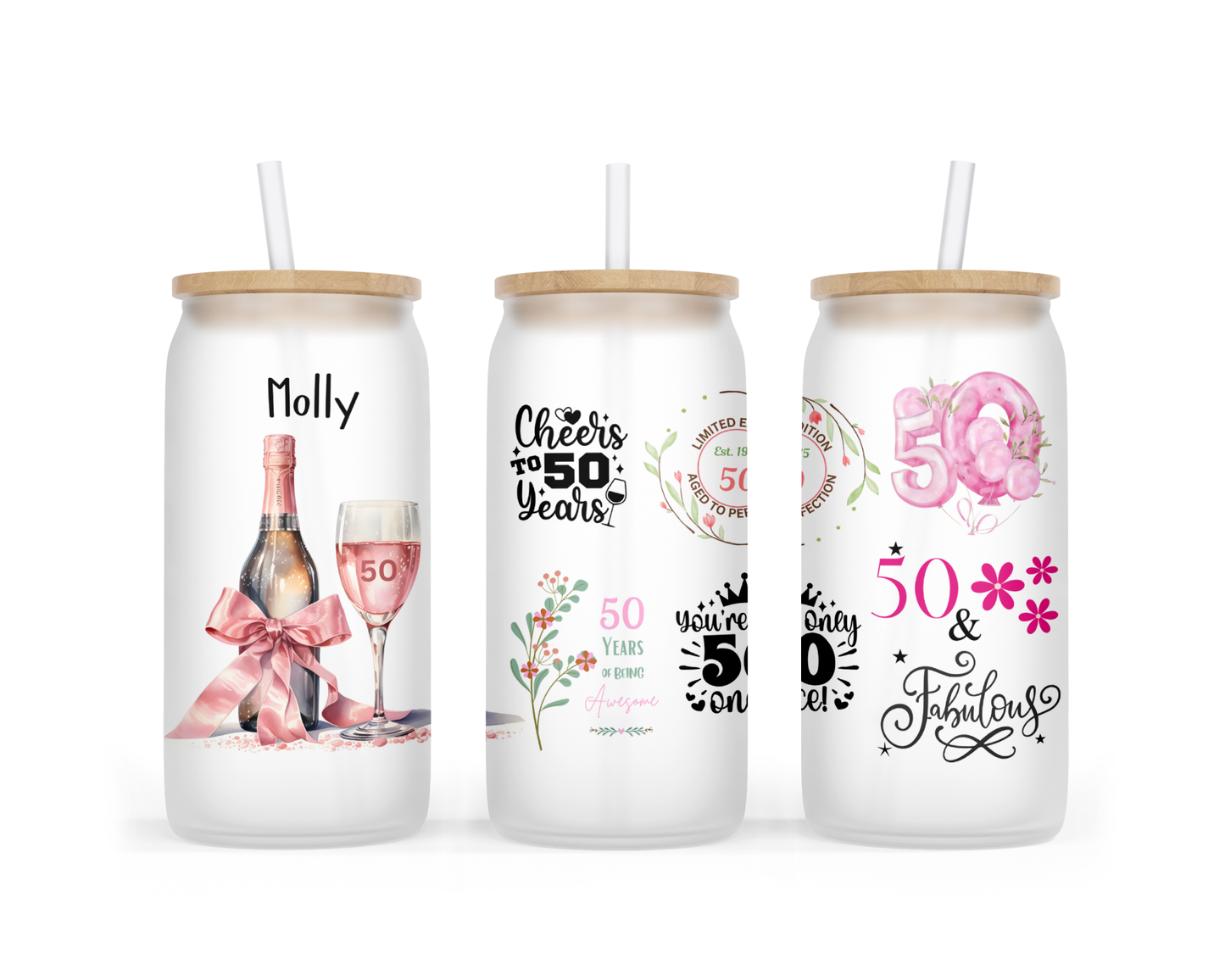 Personalised Frosted Glass Tumbler - 50th Birthday Pink Design