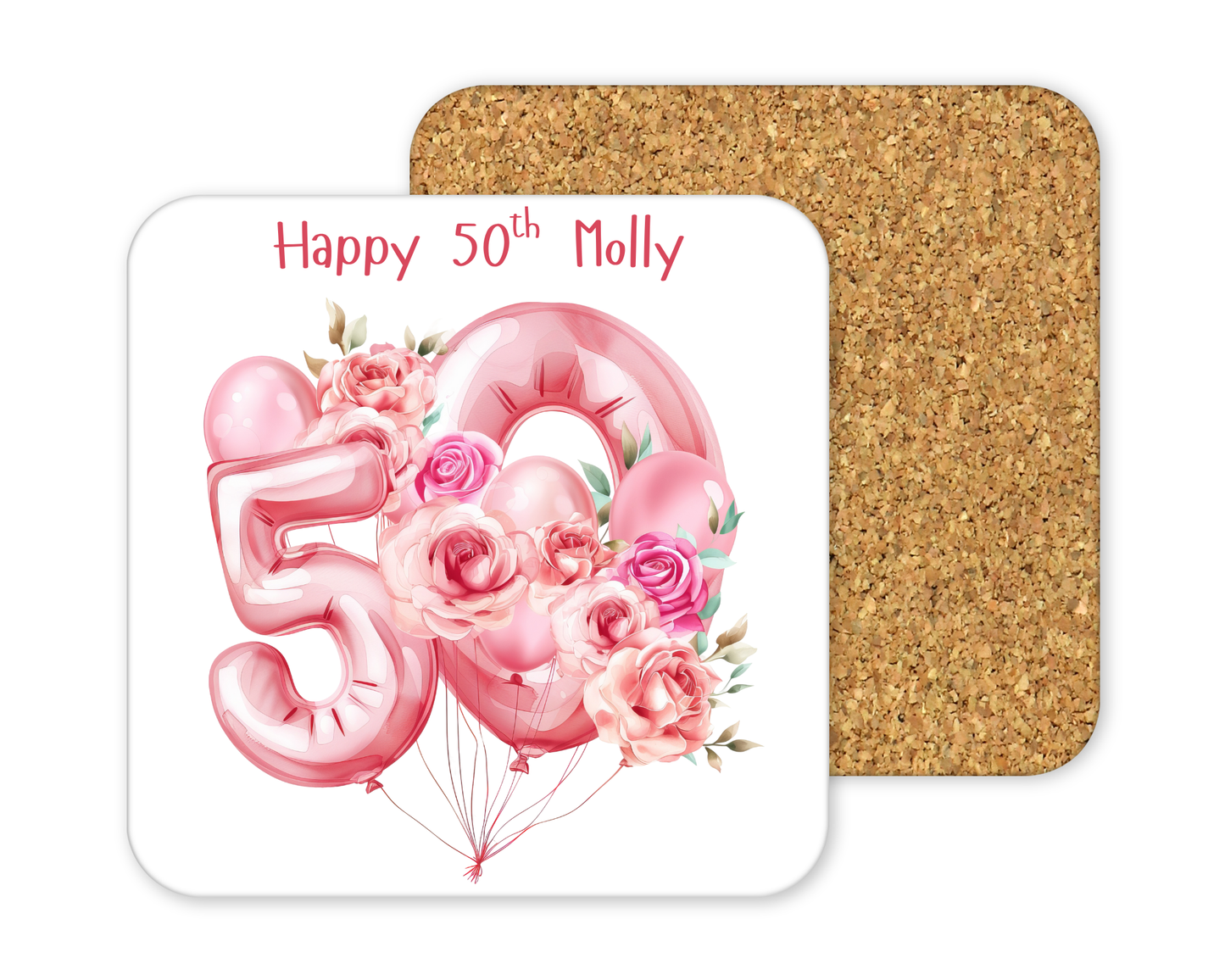 Personalised Drinks Coaster - 50th Birthday Pink Balloons Design