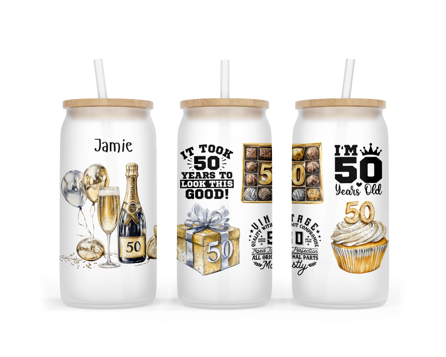 Personalised Frosted Glass Tumbler - 50th Birthday Gold Design