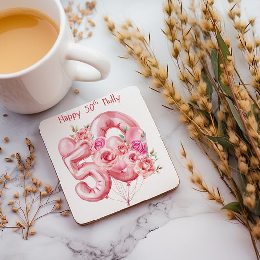 Personalised Drinks Coaster - 50th Birthday Pink Balloons Design