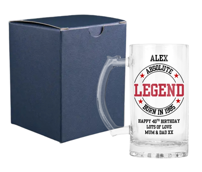 Personalised Clear Glass Beer Tankard Mug - Absolute Legend Birthday Design