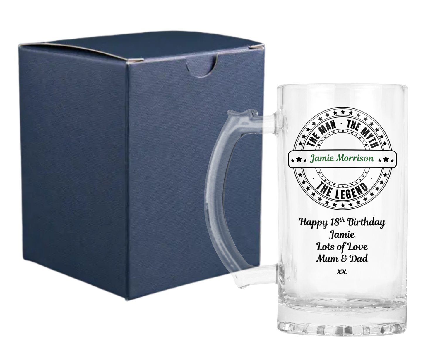 Personalised Clear Glass Beer Tankard Mug - The Man The Myth The Legend Design
