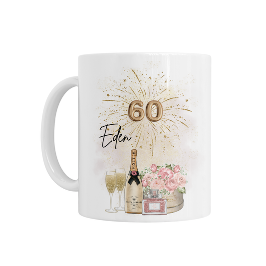 Personalised Ceramic Mug - 60th Birthday Champagne Floral Design