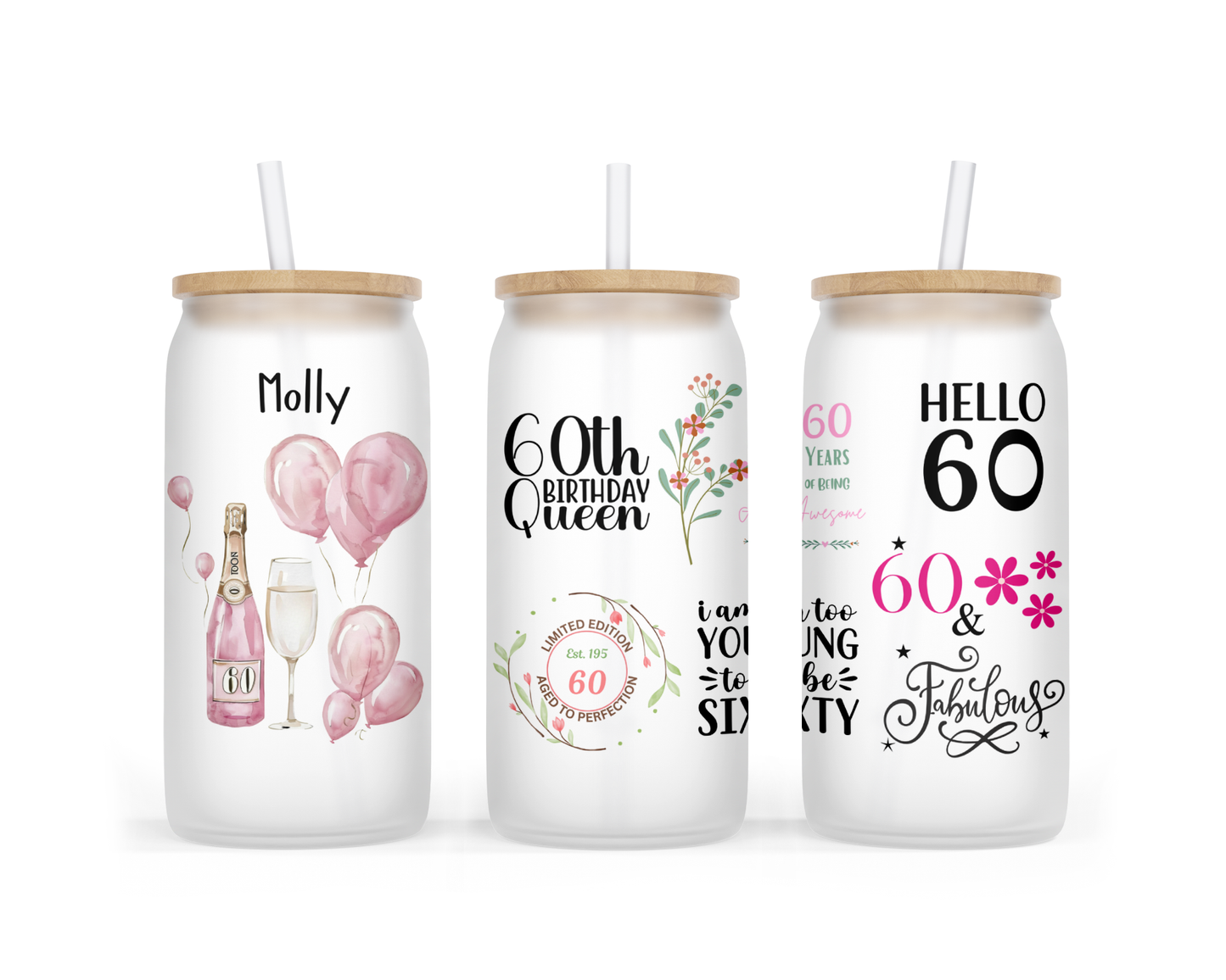 Personalised Frosted Glass Tumbler - 60th Birthday Pink Design