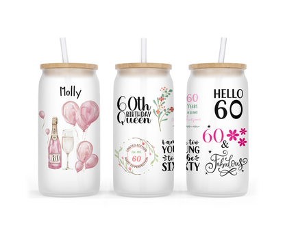 Personalised Frosted Glass Tumbler - 60th Birthday Pink Design