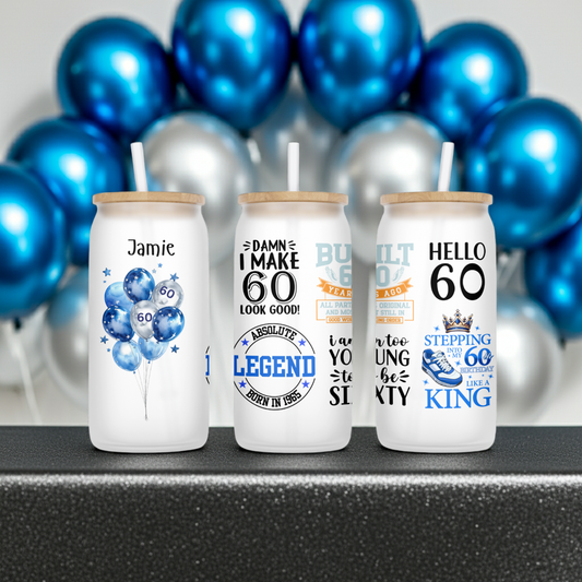 Personalised Frosted Glass Tumbler - 60th Birthday Blue Design
