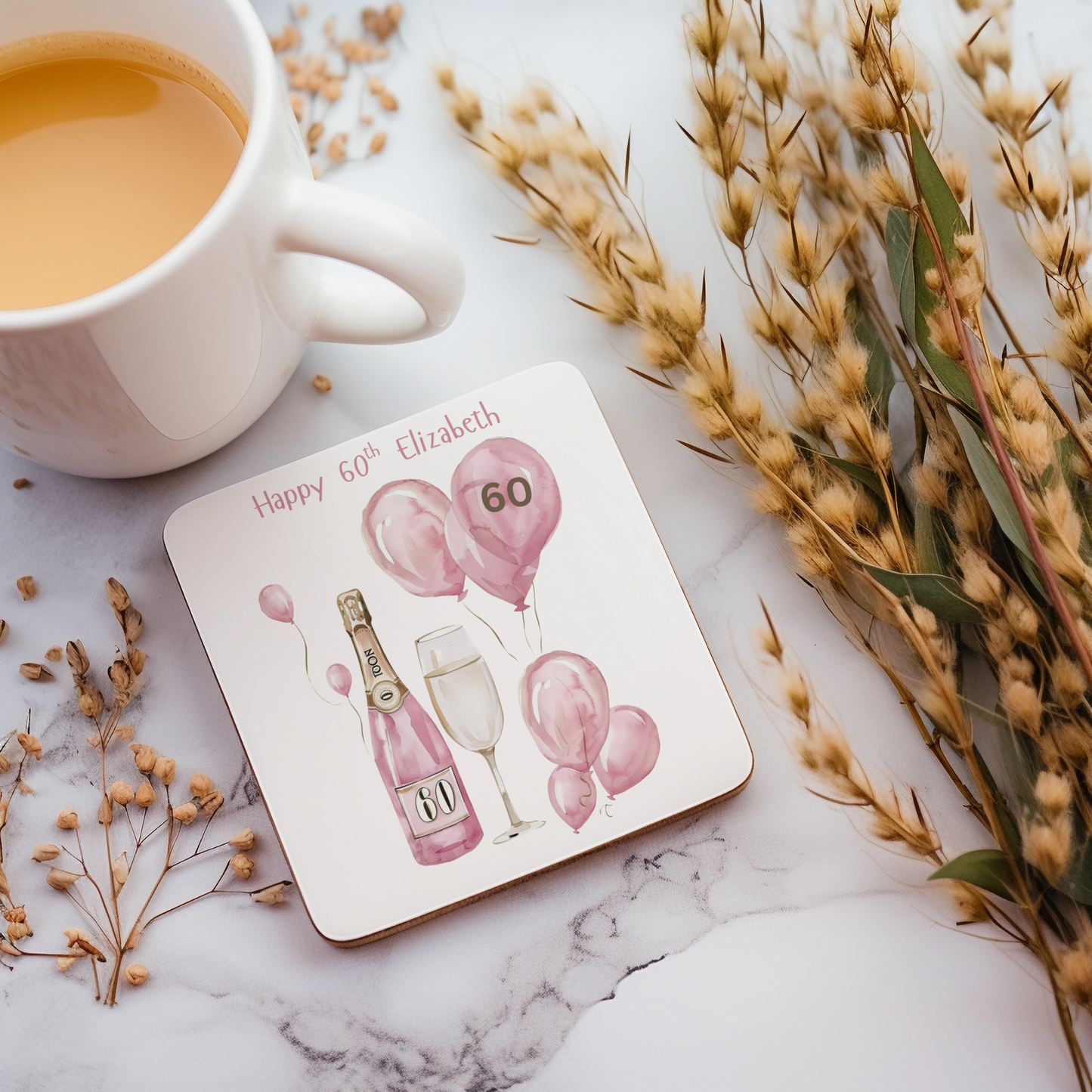 Personalised Drinks Coaster - 60th Birthday Pink Balloons Design