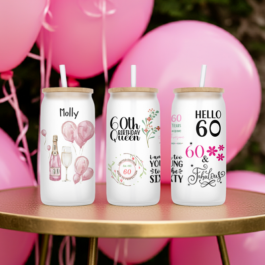 Personalised Frosted Glass Tumbler - 60th Birthday Pink Design