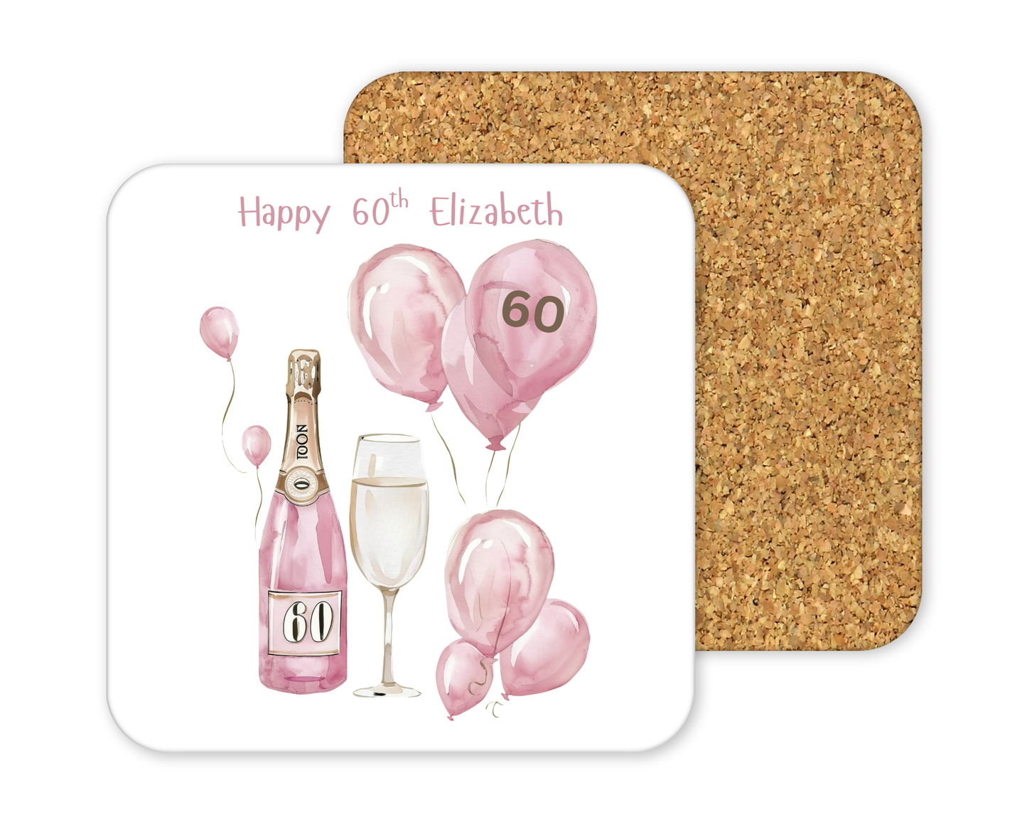 Personalised Drinks Coaster - 60th Birthday Pink Balloons Design
