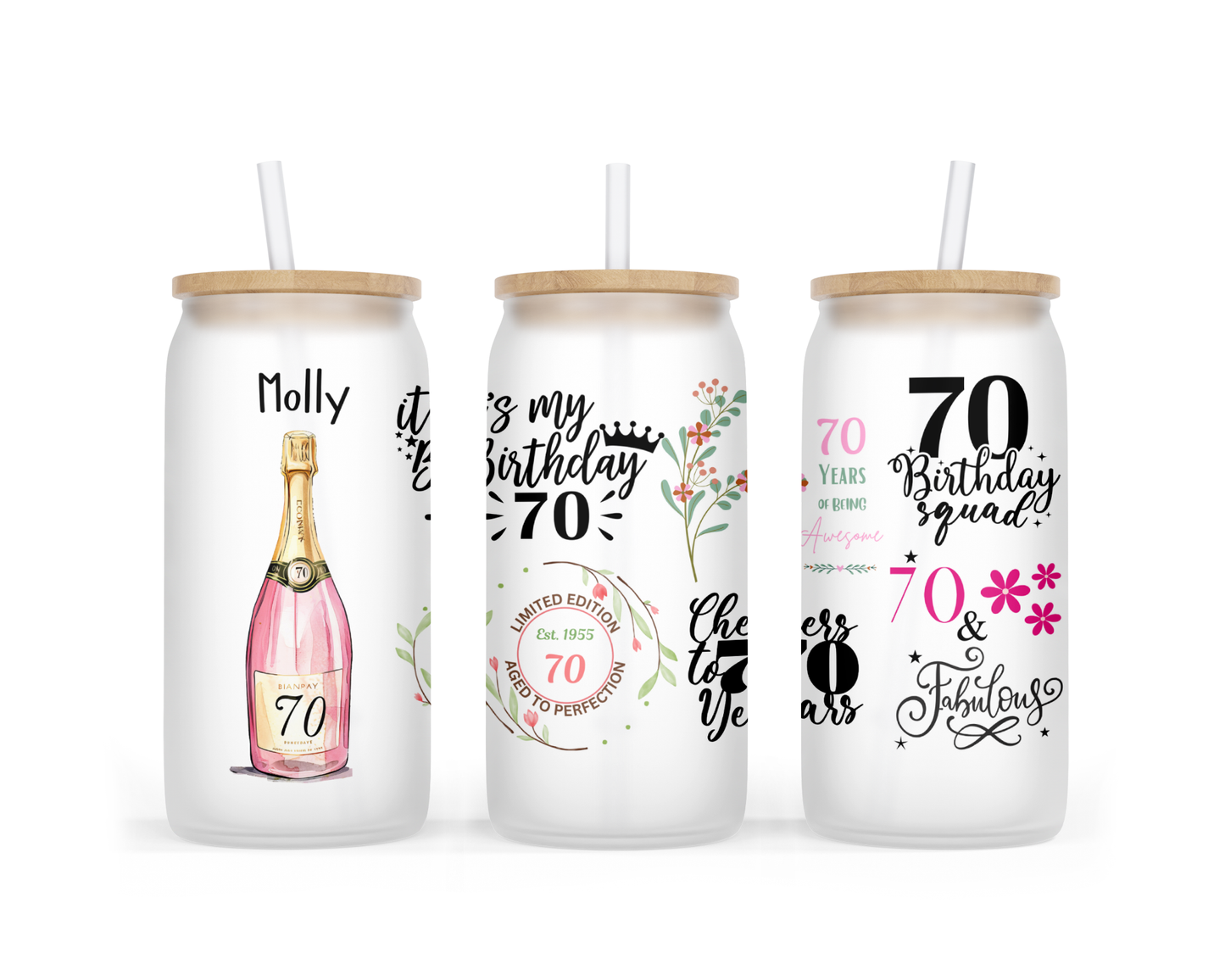 Personalised Frosted Glass Tumbler - 70th Birthday Pink Design